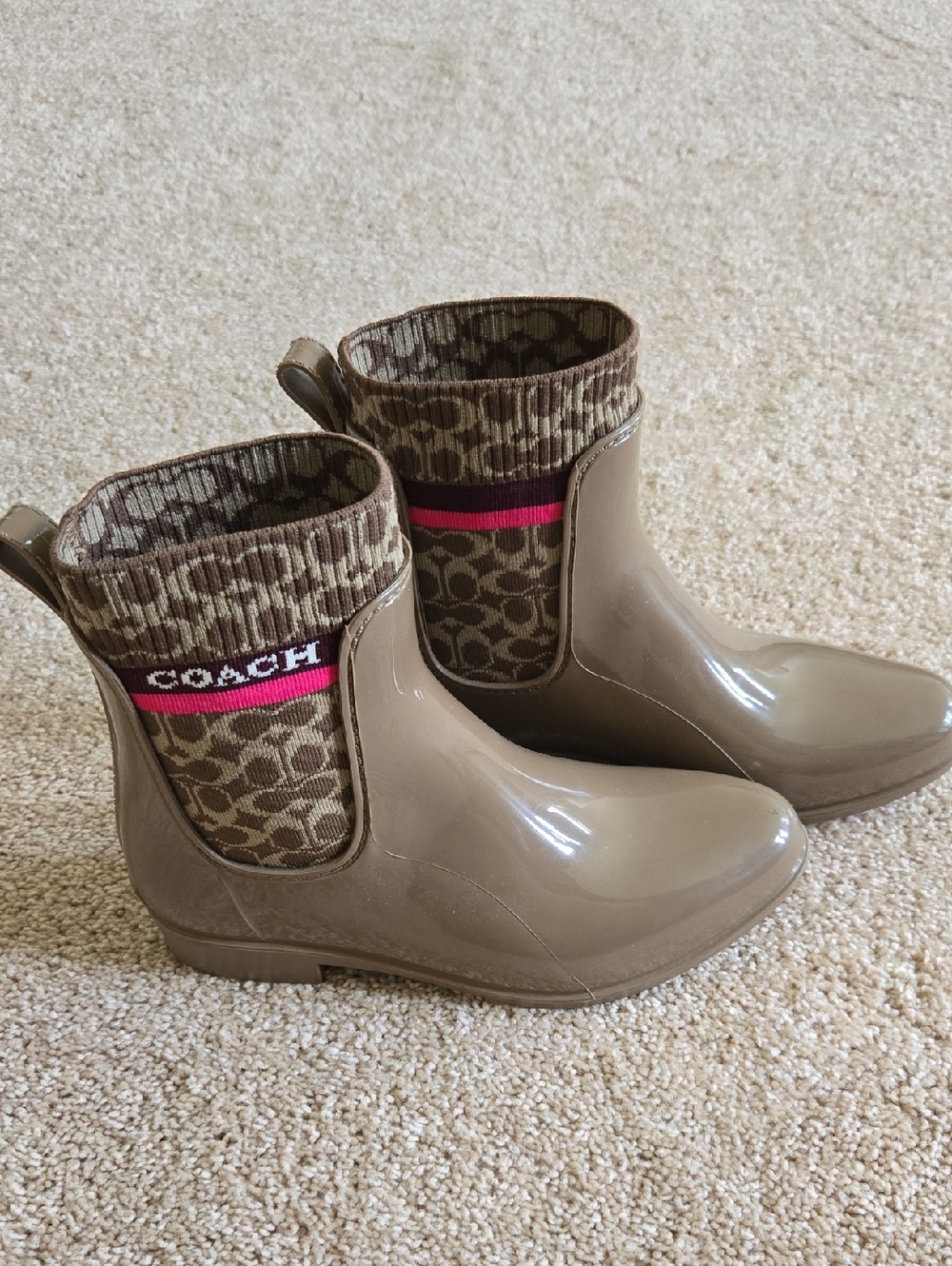 Coach Taupe Glossy Rain Ankle Boots with Pink Stripe